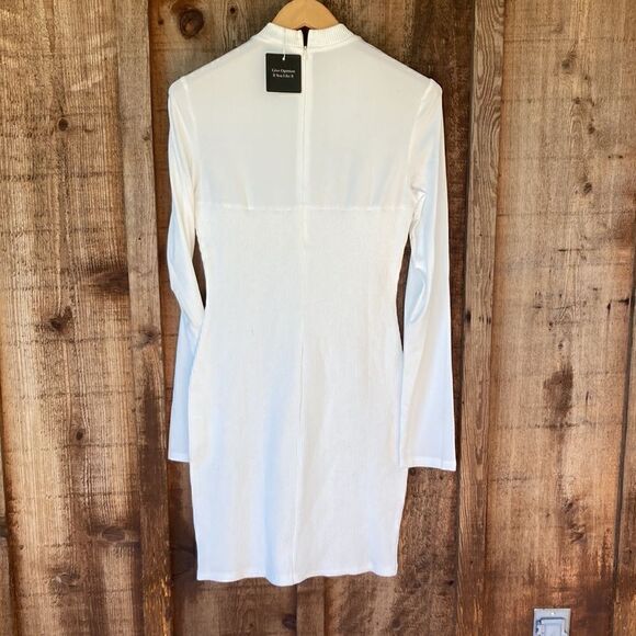 Dressmecb White Ribbed Knit Long Sleeve High Neck Bodycon Bust Panel Dress - Picture 4 of 6
